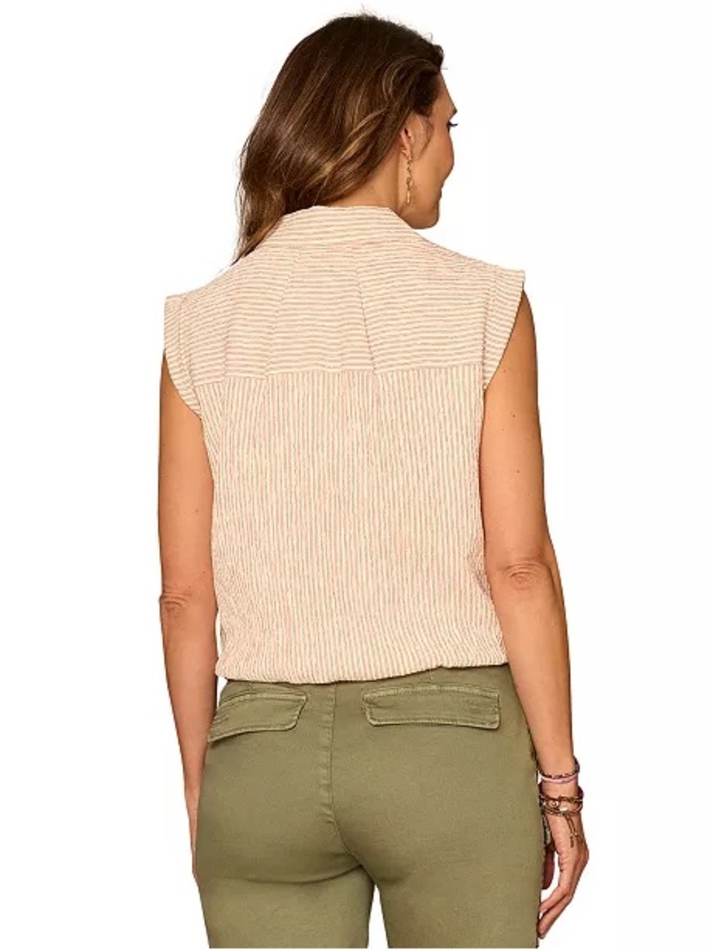 NWT Democracy Ecru Fired Brick Stripe Cap Sleeve Bubble Hem Blouse M - Picture 4 of 15